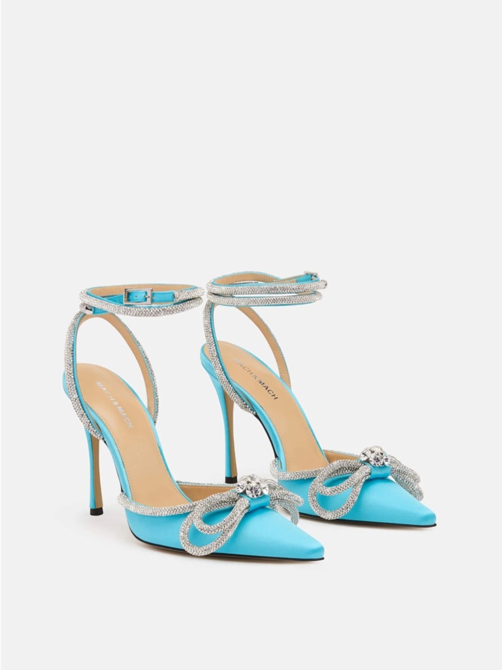 MACH & MACH Aqua Crystal Bow Pointed Toe Stiletto Sandals (New, never worn)